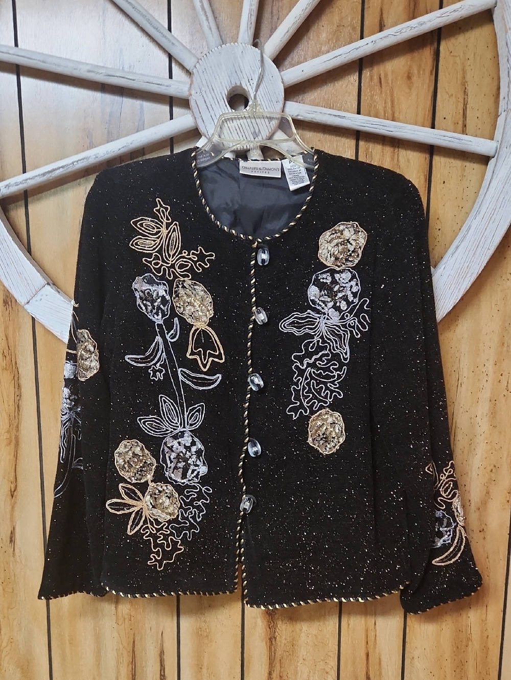 Black Embellished Floral Cardigan with Gold Accents